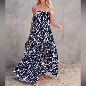 Boho dots drawstring waist tube maxi dress
